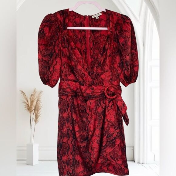 RONNY KOBO Dress Torrey Mini V neck Puffed Sleeve Snakeskin Print Red Size XS - Picture 5 of 14